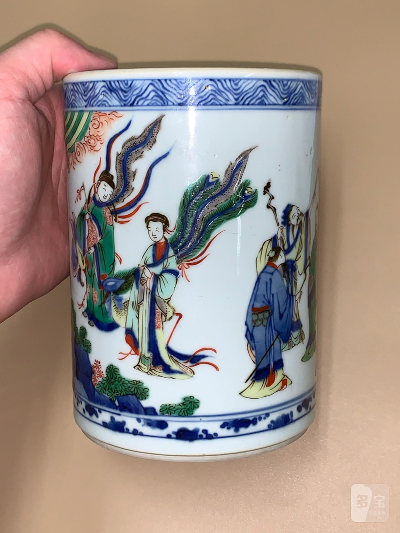 明崇祯 五彩群仙祝寿图笔筒 - 图4
